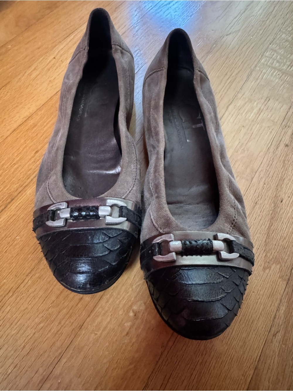 Agl Taupe Suede Flats with Black Textured Cap-Toe